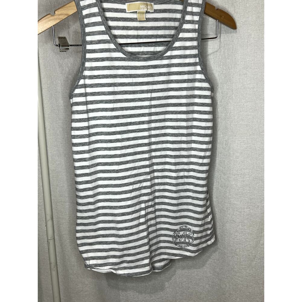 Michael Kors Gray White Striped Rhinestone Embellished Tank Top‎